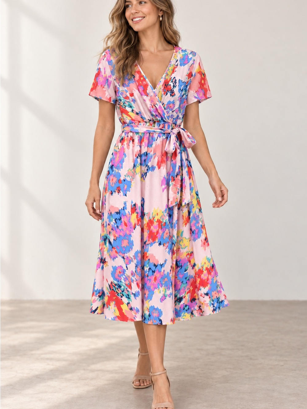Floral Pink Faux Wrap Midi Dress with Tie Waist